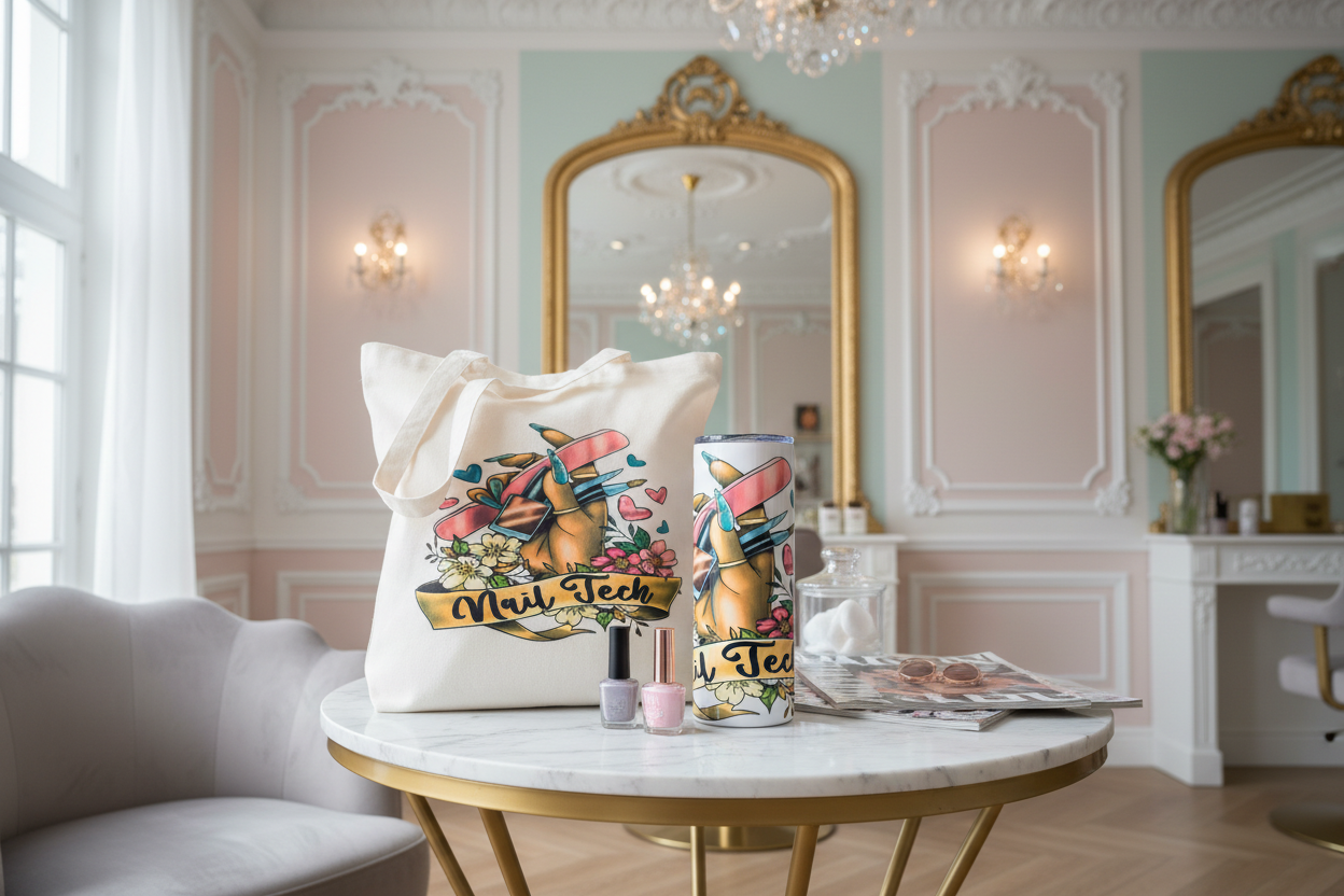 Nail Tech tumbler and tote on salon table with French background
