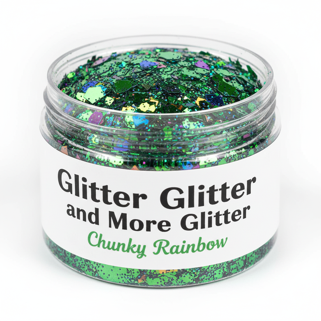 Rainbow green chunky glitter close-up with label