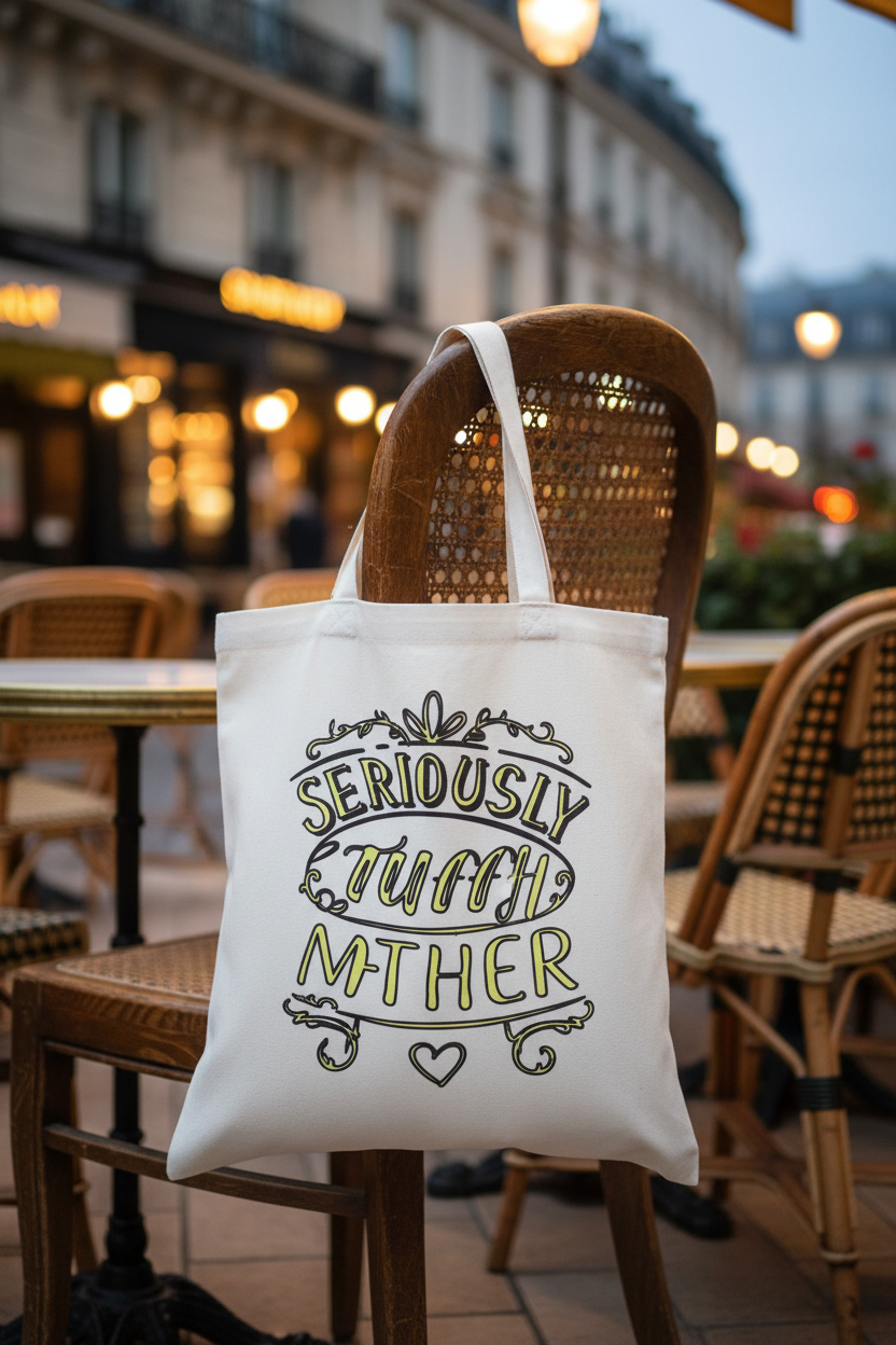 Seriously Though Mother Tote on French Café Chair