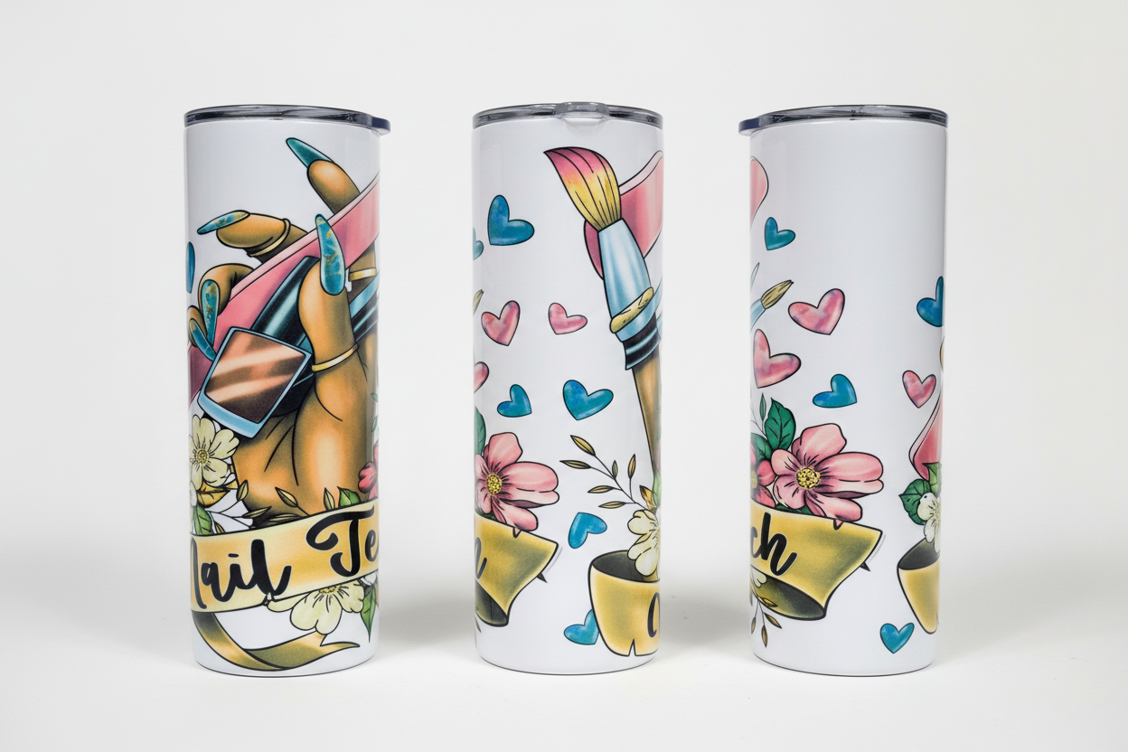 Three angles of Nail Tech tumbler side by side