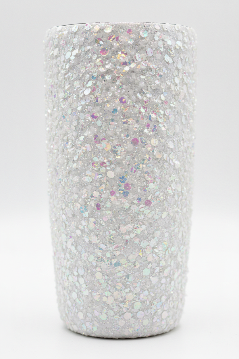 Tumbler Covered with White Chunky Glitter